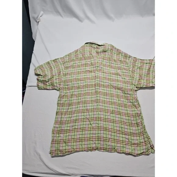 Vtg Burberry Men's Short Sleeve Linen Button Up Green Beige Check USA Made Sz XL - Picture 12 of 13